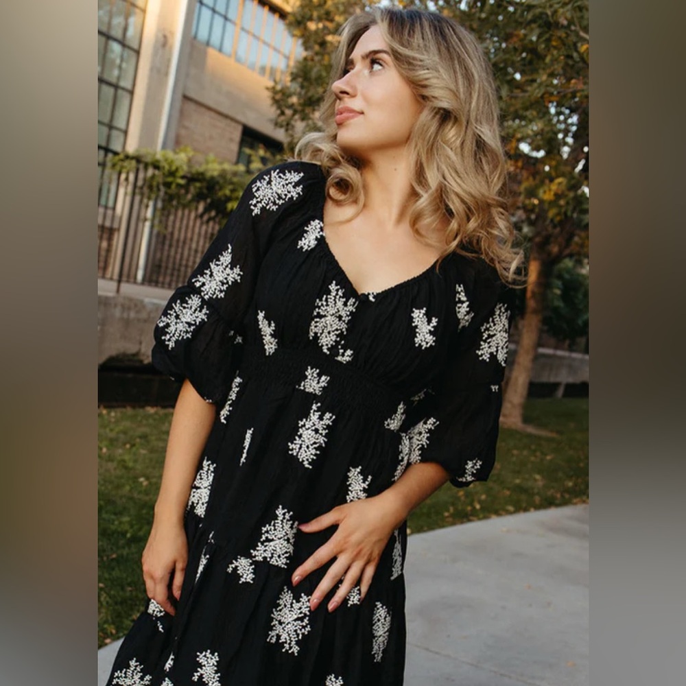 Women's Black Floral Embroidered Midi Dress